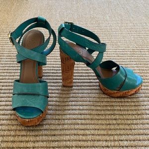 Tory Burch Teal Leather Strappy Woven High Heel